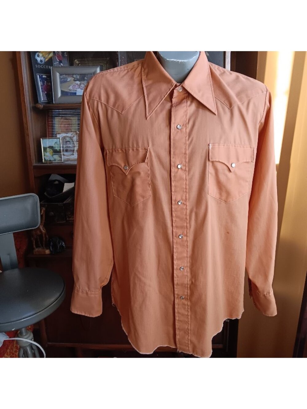 Western Shirt Large Vintage 1970's Men's Salmon Pink Champion Snap Cowboy Indie